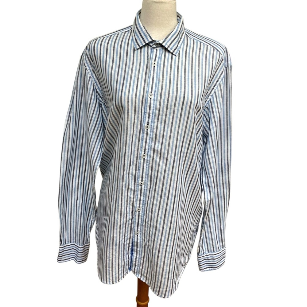 SAND Copenhagen Linen Cotton Blue and White Striped Button-Down Men’s Size 44